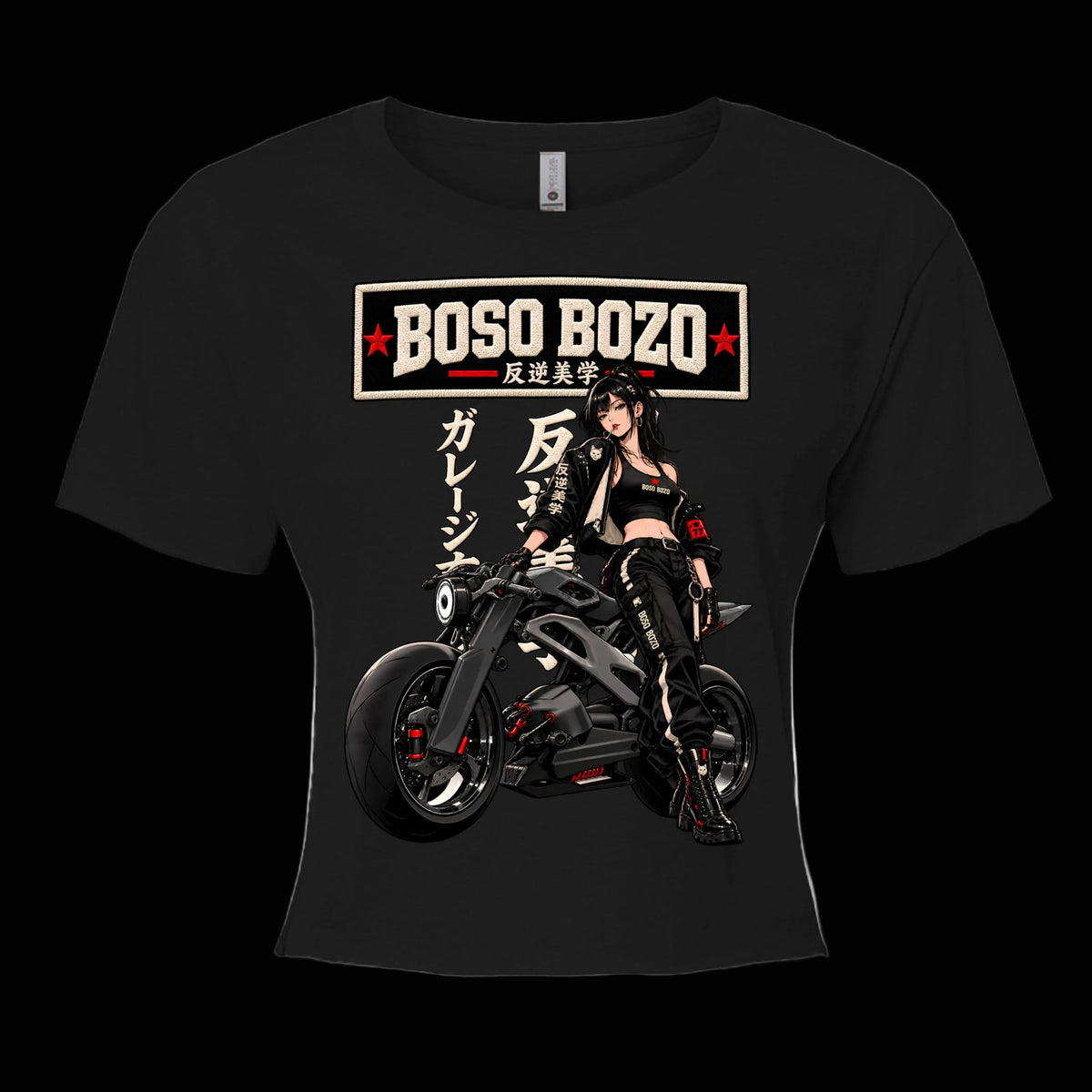 BOSO BOZO Rough Rider women’s black crop top with futuristic cafe racer anime artwork