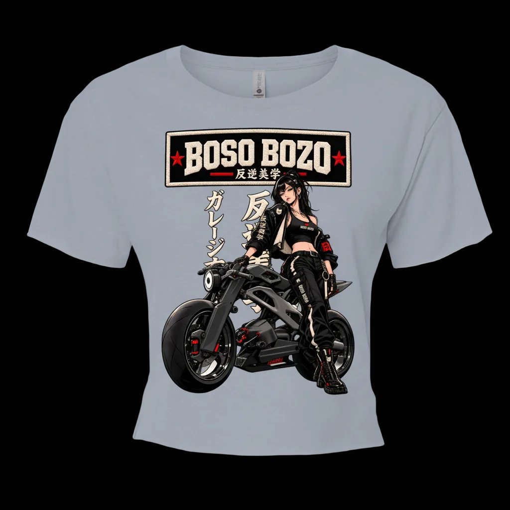 BOSO BOZO Rough Rider women’s stonewash denim crop top with futuristic cafe racer anime artwork