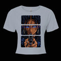 BOSO BOZO Stick ’Em Up women’s Stonewash Denim crop top with three-panel 90s OVA anime artwork