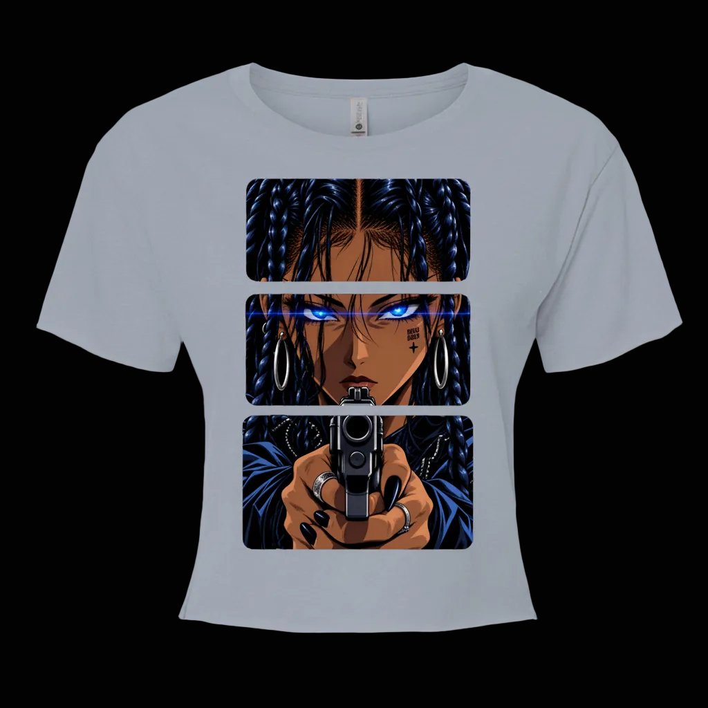 BOSO BOZO Stick ’Em Up women’s Stonewash Denim crop top with three-panel 90s OVA anime artwork