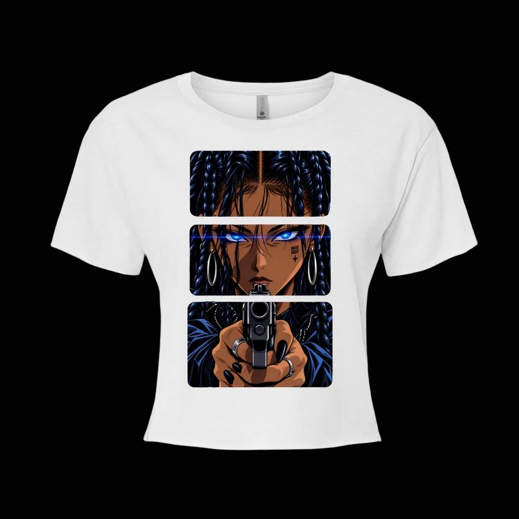 BOSO BOZO Stick ’Em Up women’s white crop top with three-panel 90s OVA anime artwork