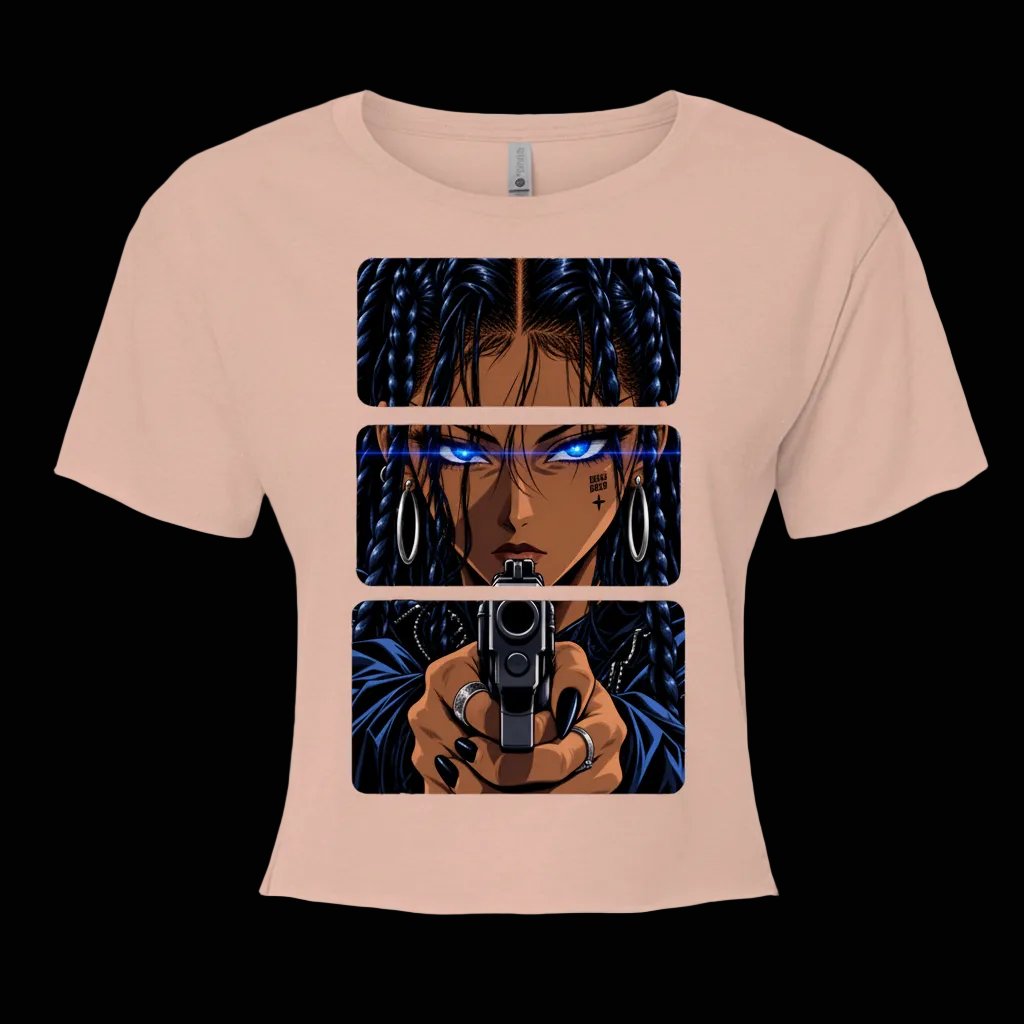 BOSO BOZO Stick ’Em Up women’s Desert Pink crop top with three-panel 90s OVA anime artwork