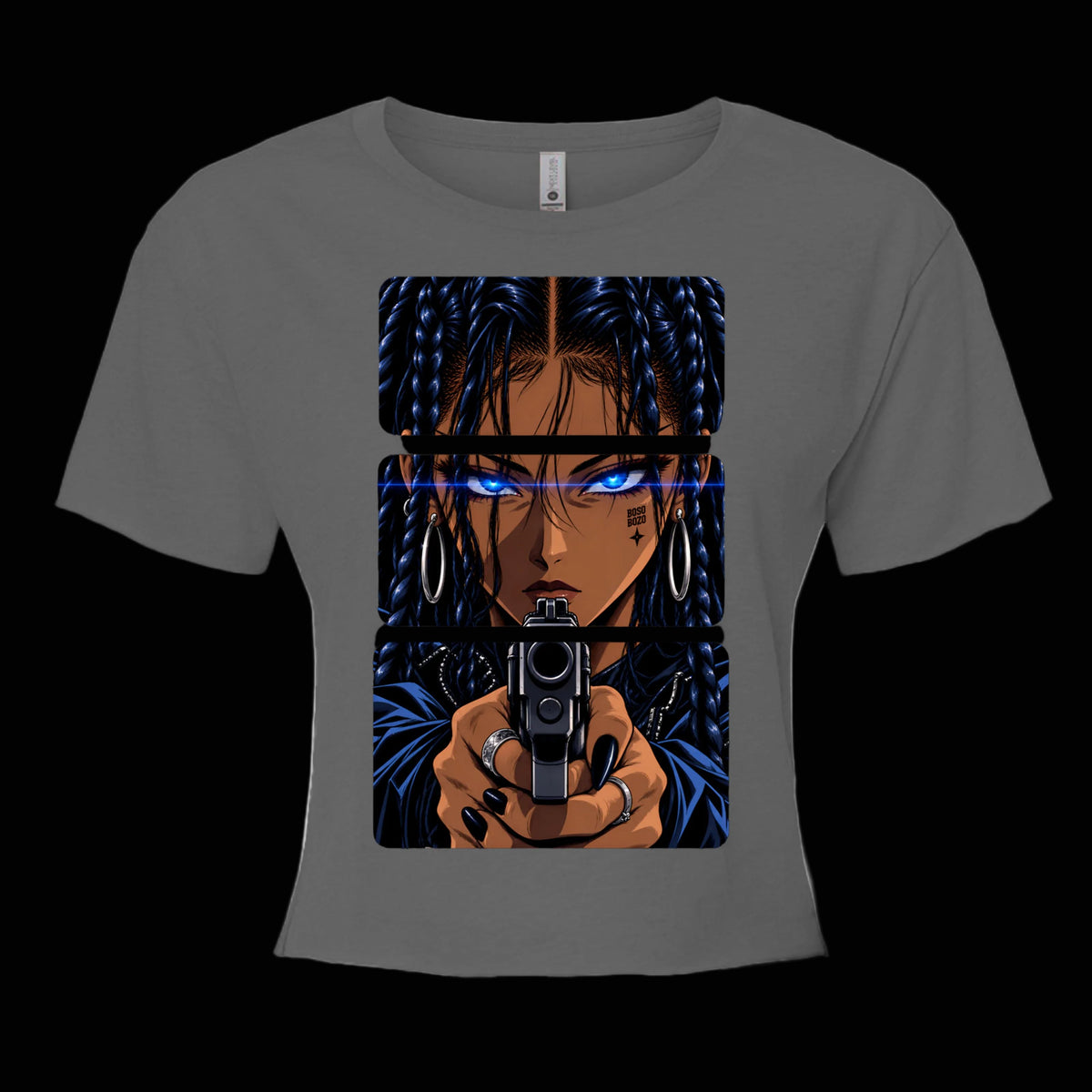 BOSO BOZO Stick ’Em Up women’s charcoal crop top with three-panel 90s OVA anime artwork