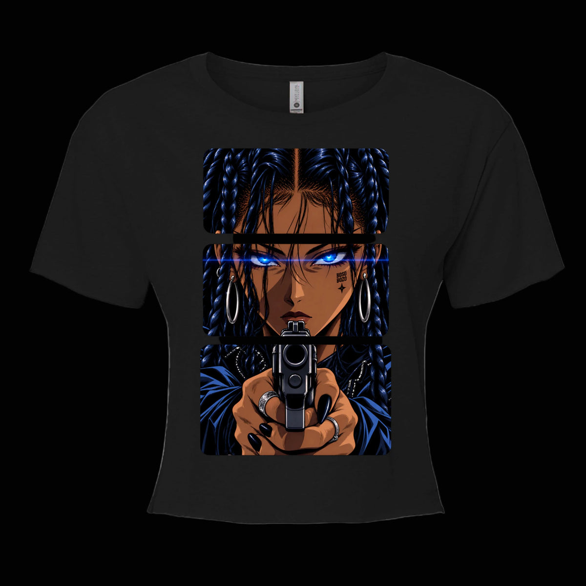 BOSO BOZO Stick ’Em Up women’s black crop top with three-panel 90s OVA anime artwork