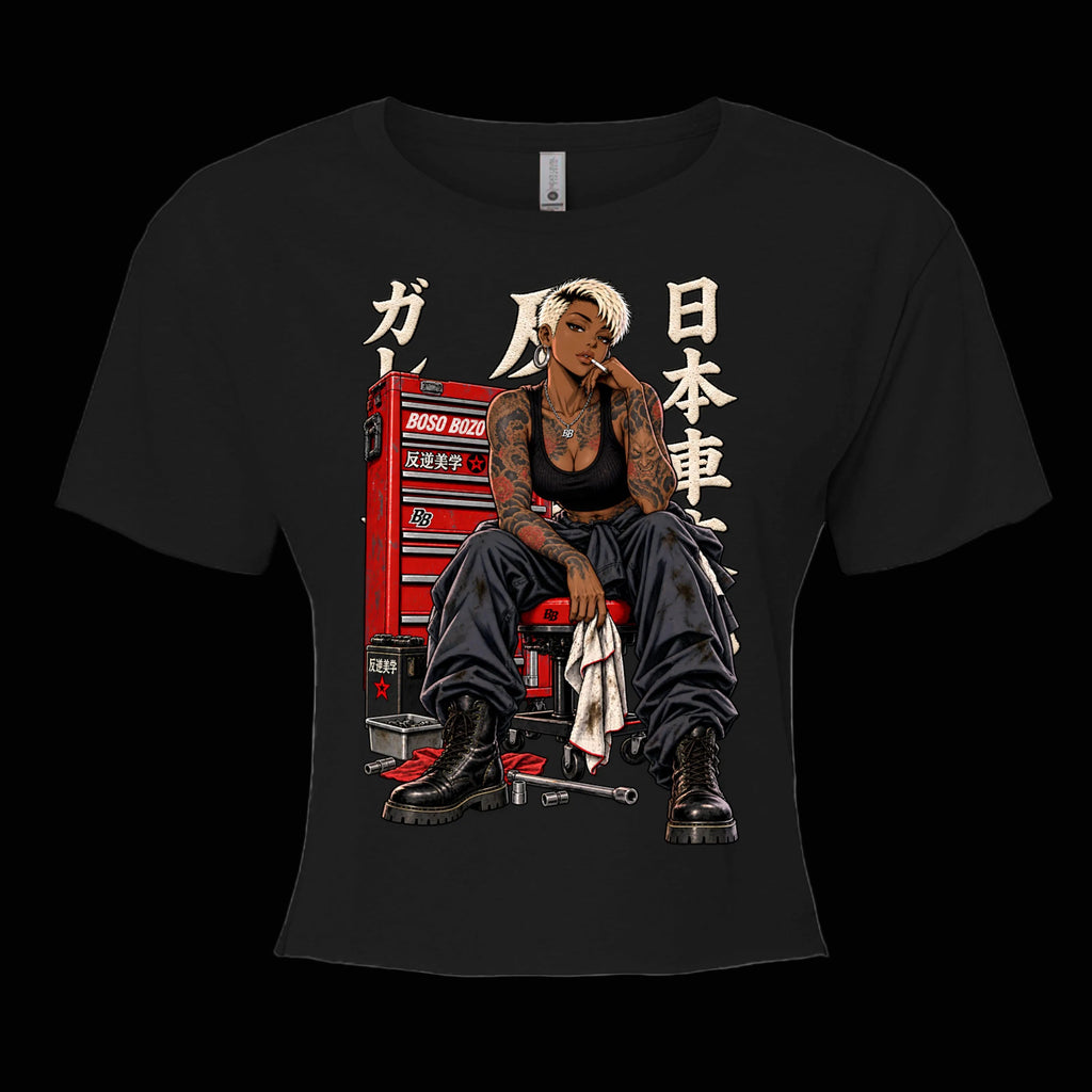 BOSO BOZO After Hours women’s black crop top with 90s OVA-inspired female mechanic garage artwork