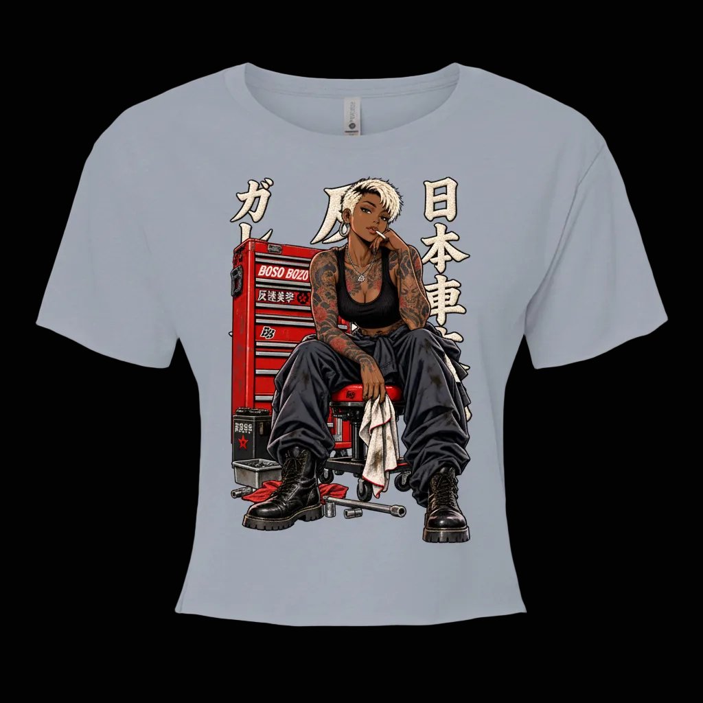 BOSO BOZO After Hours women’s Stonewash Denim crop top with 90s OVA-inspired female mechanic garage artwork