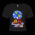 BOSO BOZO I’m Not Crying You’re Crying women’s black crop top featuring Giri and Rin sitting on the moon beneath Earth