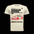 BOSO BOZO 240SX Service Manual graphic tee featuring a modified 1989 Nissan 240SX with red handwritten build notes over a factory manual layout.
