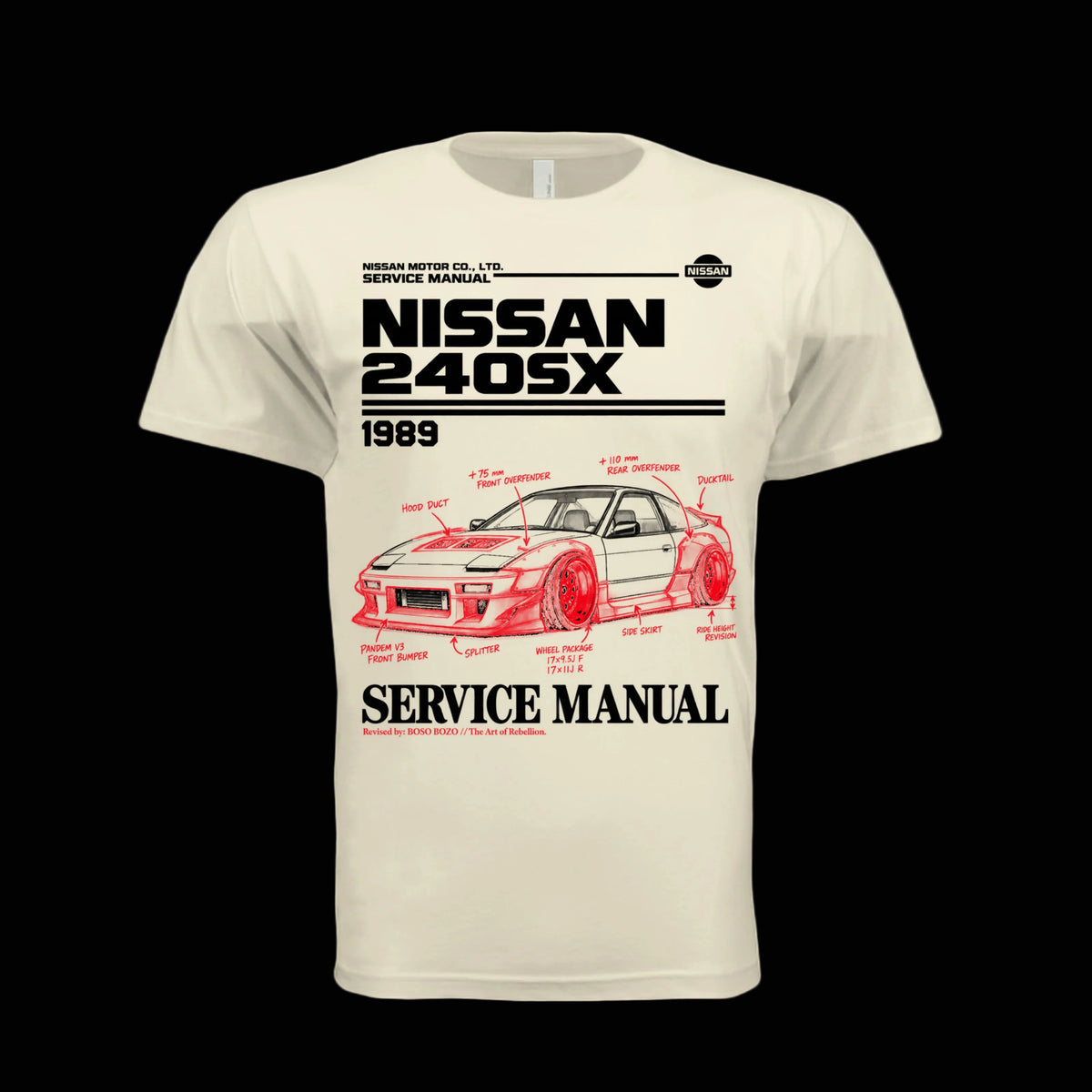 BOSO BOZO 240SX Service Manual graphic tee featuring a modified 1989 Nissan 240SX with red handwritten build notes over a factory manual layout.