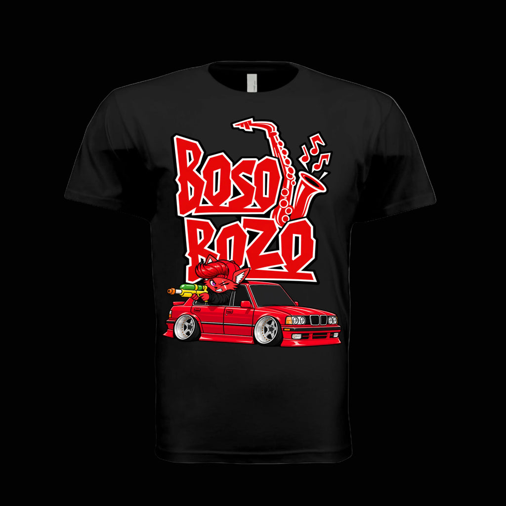 BOSO BOZO RICKYYY graphic tee featuring Giri with a Super Soaker 50 in a slammed red car with saxophone artwork and bold red lettering. BLACK