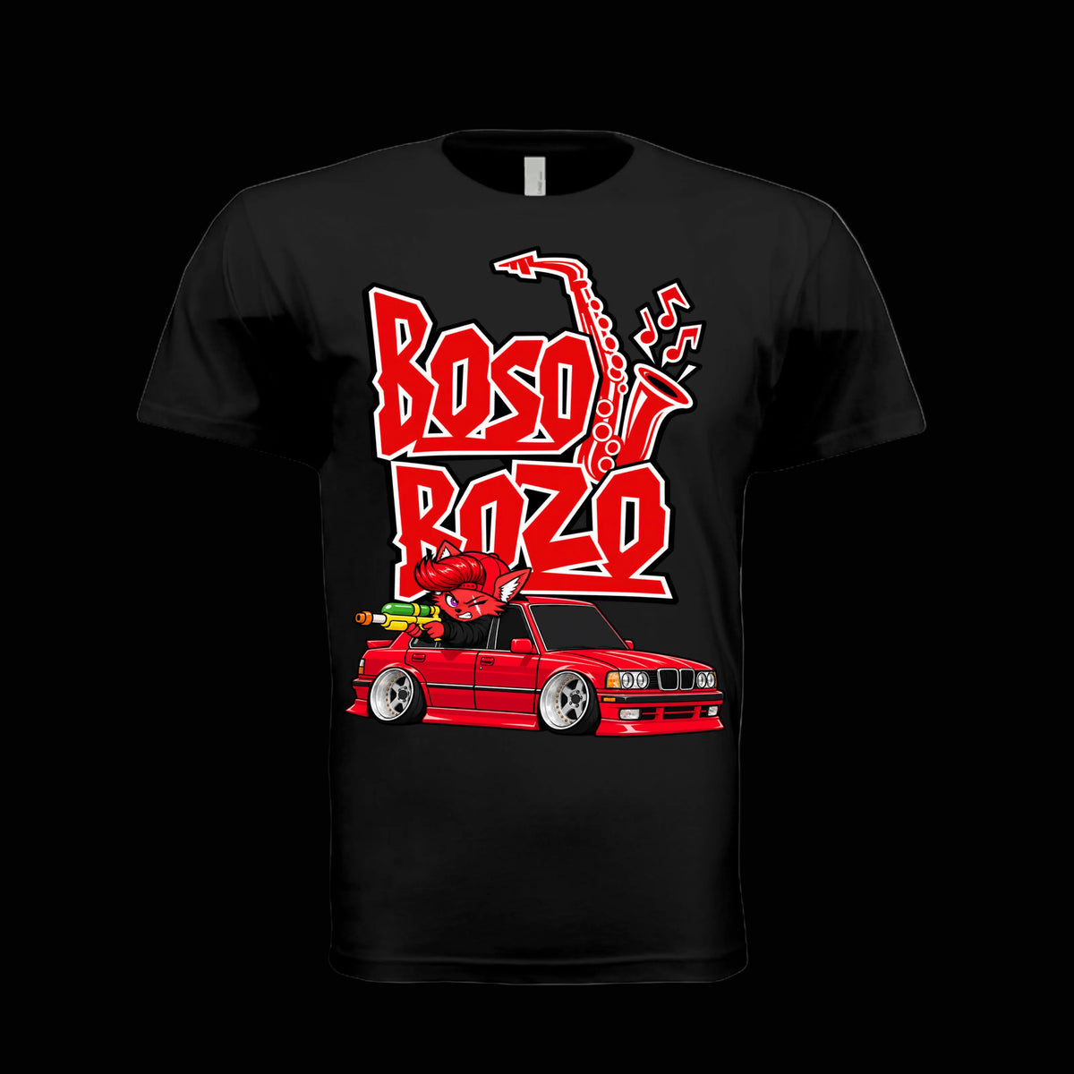 BOSO BOZO RICKYYY graphic tee featuring Giri with a Super Soaker 50 in a slammed red car with saxophone artwork and bold red lettering. BLACK
