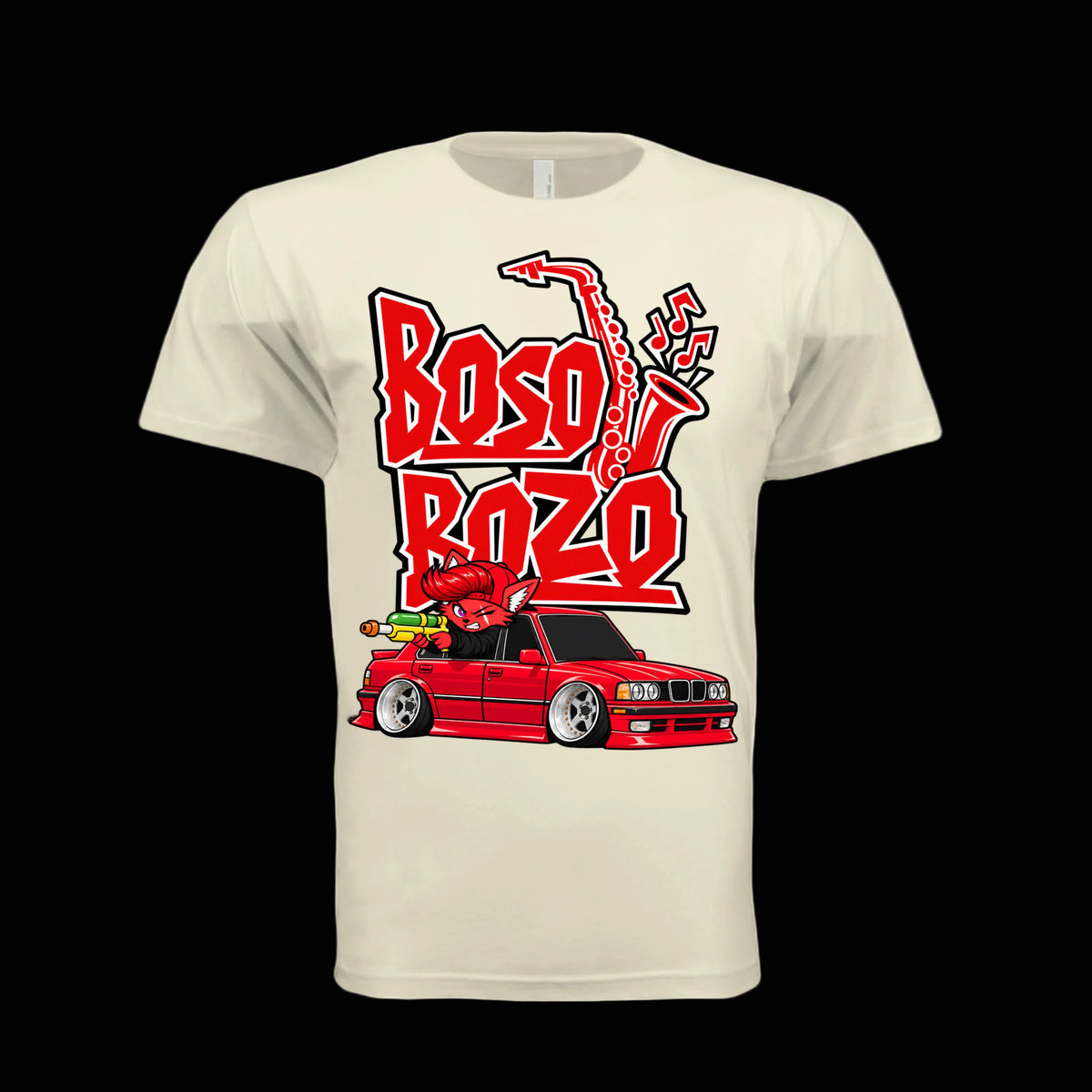 BOSO BOZO RICKYYY graphic tee featuring Giri with a Super Soaker 50 in a slammed red car with saxophone artwork and bold red lettering. BEIGE
