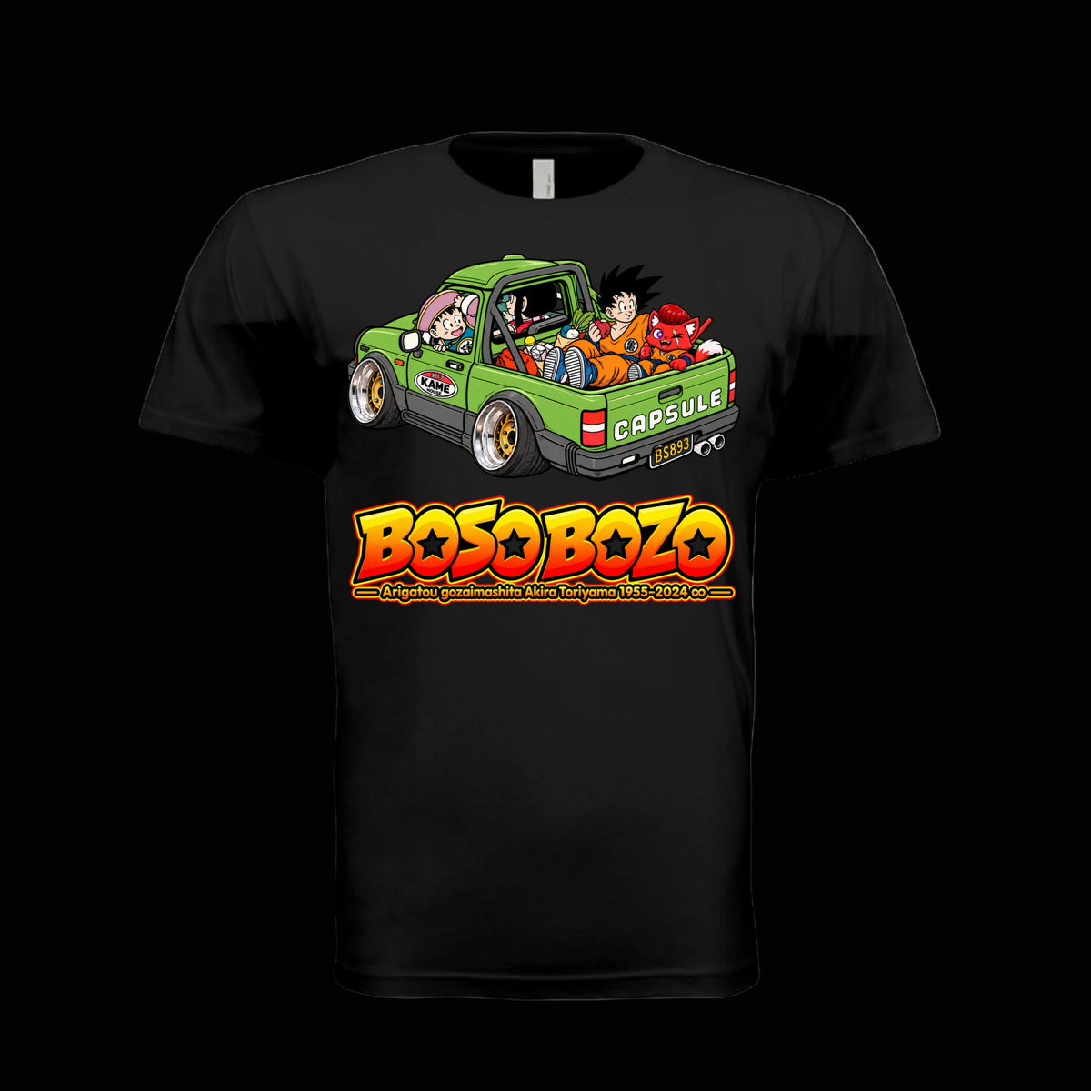 BOSO BOZO Akira Toriyama tribute tee featuring Giri and anime characters riding in a slammed green kei truck with deep-dish wheels.