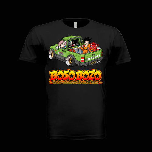 BOSO BOZO Akira Toriyama tribute tee featuring Giri and anime characters riding in a slammed green kei truck with deep-dish wheels.