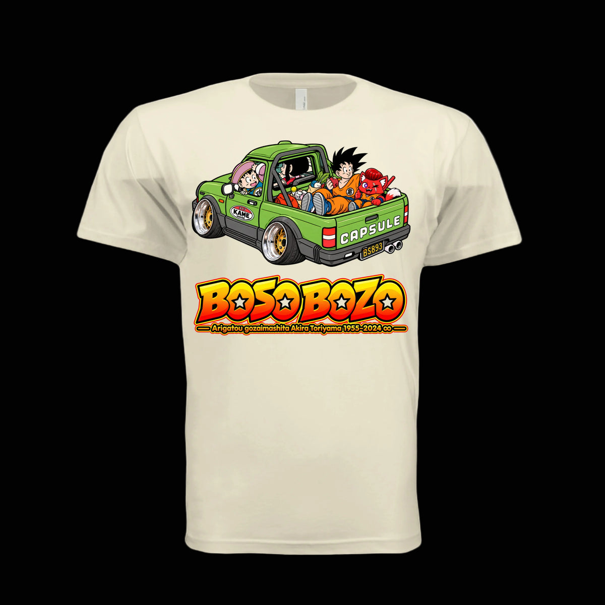 BOSO BOZO Akira Toriyama tribute tee featuring Giri and anime characters riding in a slammed green kei truck with deep-dish wheels.