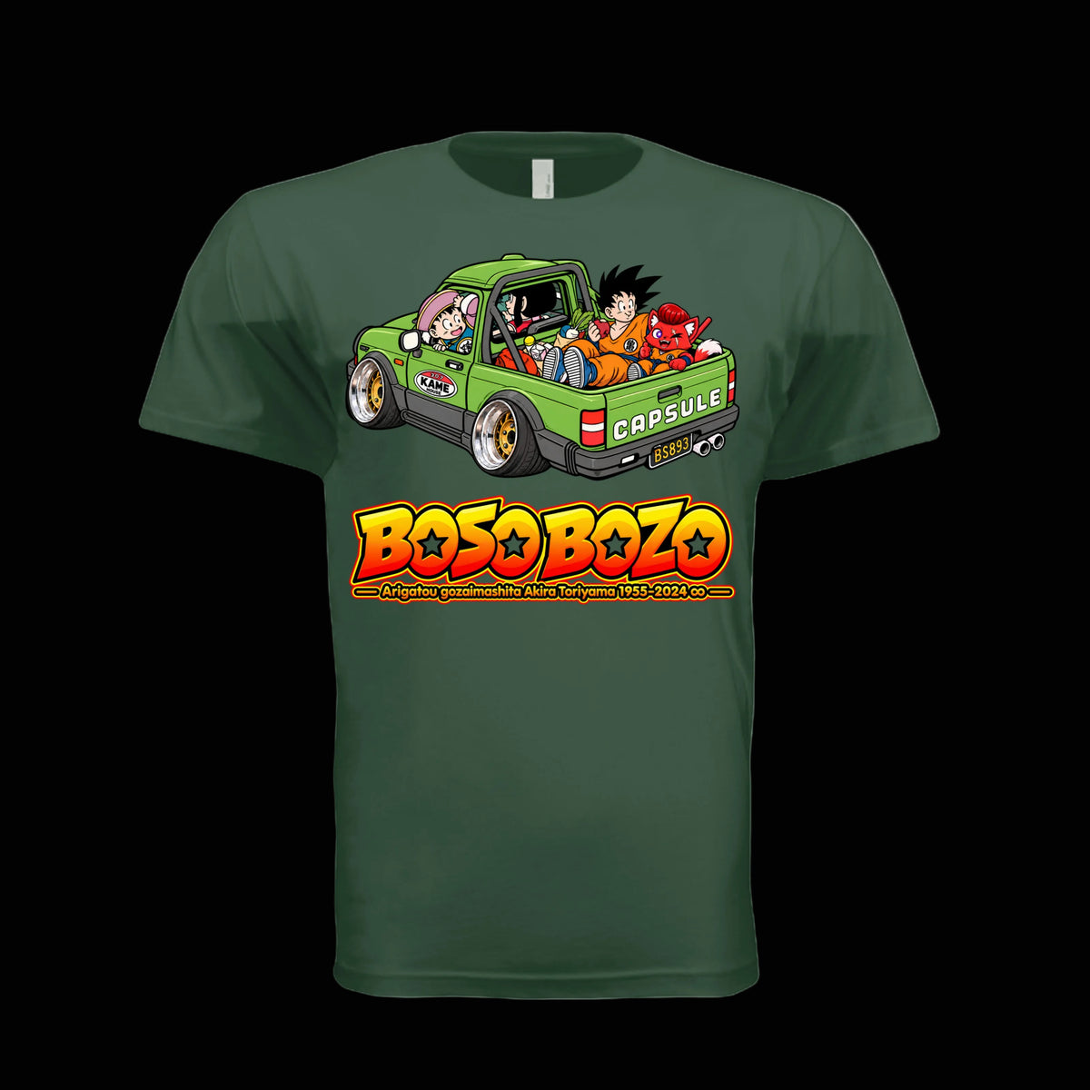 BOSO BOZO Akira Toriyama tribute tee featuring Giri and anime characters riding in a slammed green kei truck with deep-dish wheels.