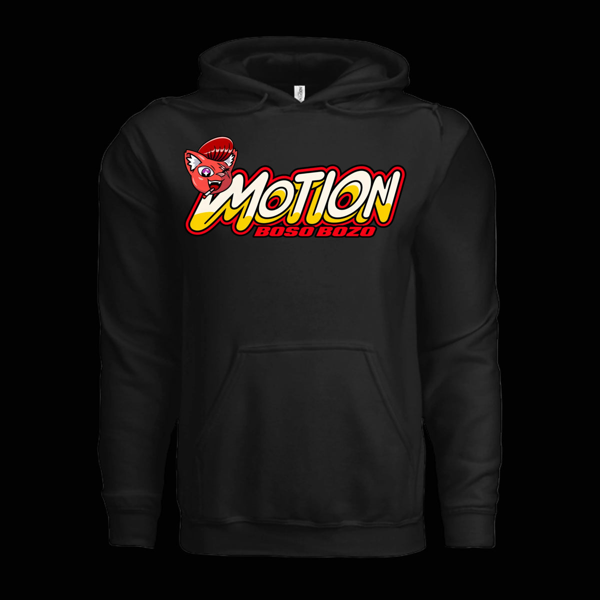 Black BOSO BOZO Motion hoodie with a retro motorsport-inspired Motion logo and Giri graphic on the chest.