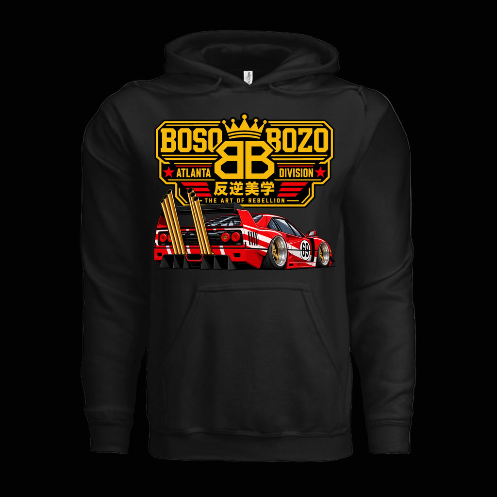 Black BOSO BOZO Boso Manji Gang hoodie featuring a gold gang-style crest and a red bosozoku F40 graphic.