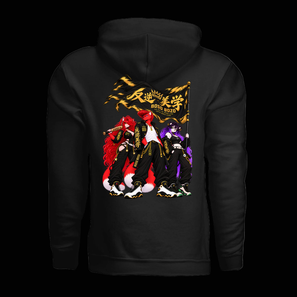 Black BOSO BOZO Boso Manji Gang hoodie featuring a gold gang-style crest and a red bosozoku F40 graphic.