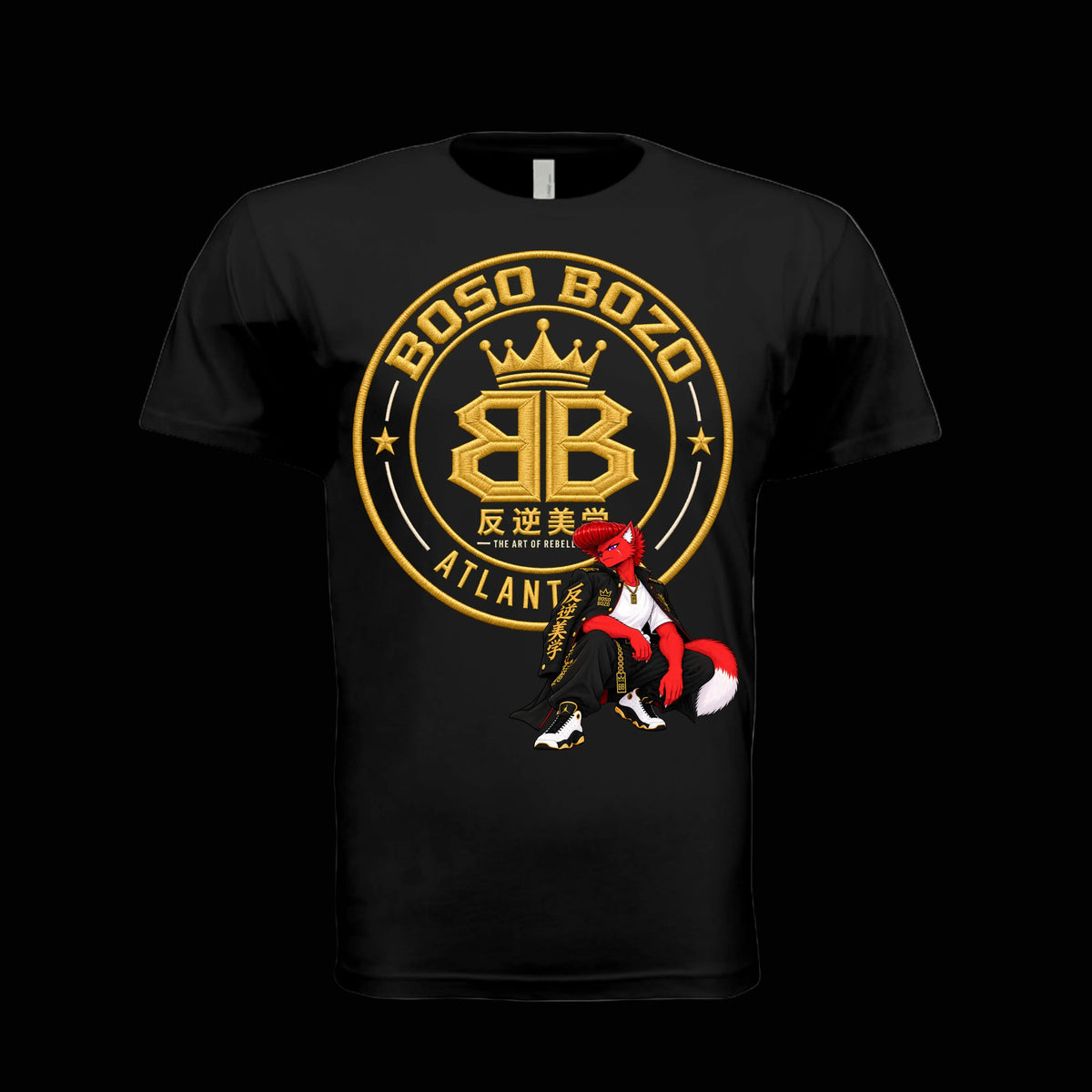 Black BOSO BOZO Boso Manji Gang tee featuring a gold gang patch graphic with Giri posed beside it.