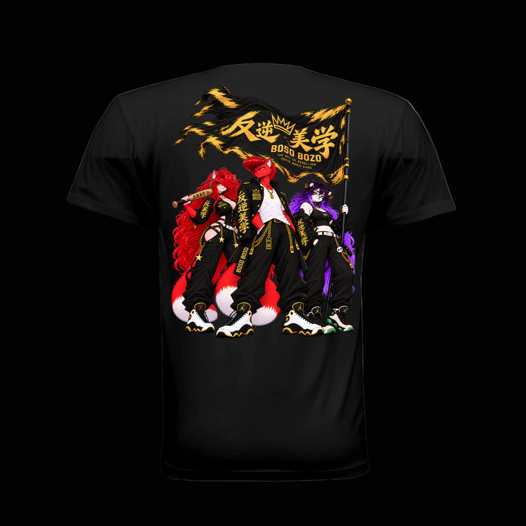 BOSO BOZO Boso Manji Gang tee featuring Giri, Rin and Mao standing beneath the Boso Manji Gang flag.