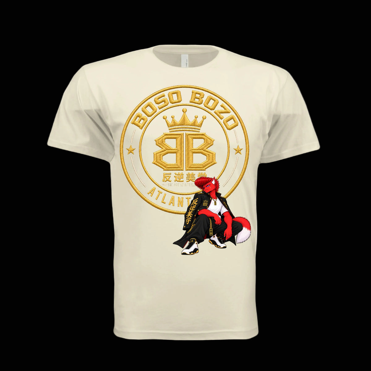 BONE-BOSO BOZO Boso Manji Gang tee featuring a gold gang patch graphic with Giri posed beside it.