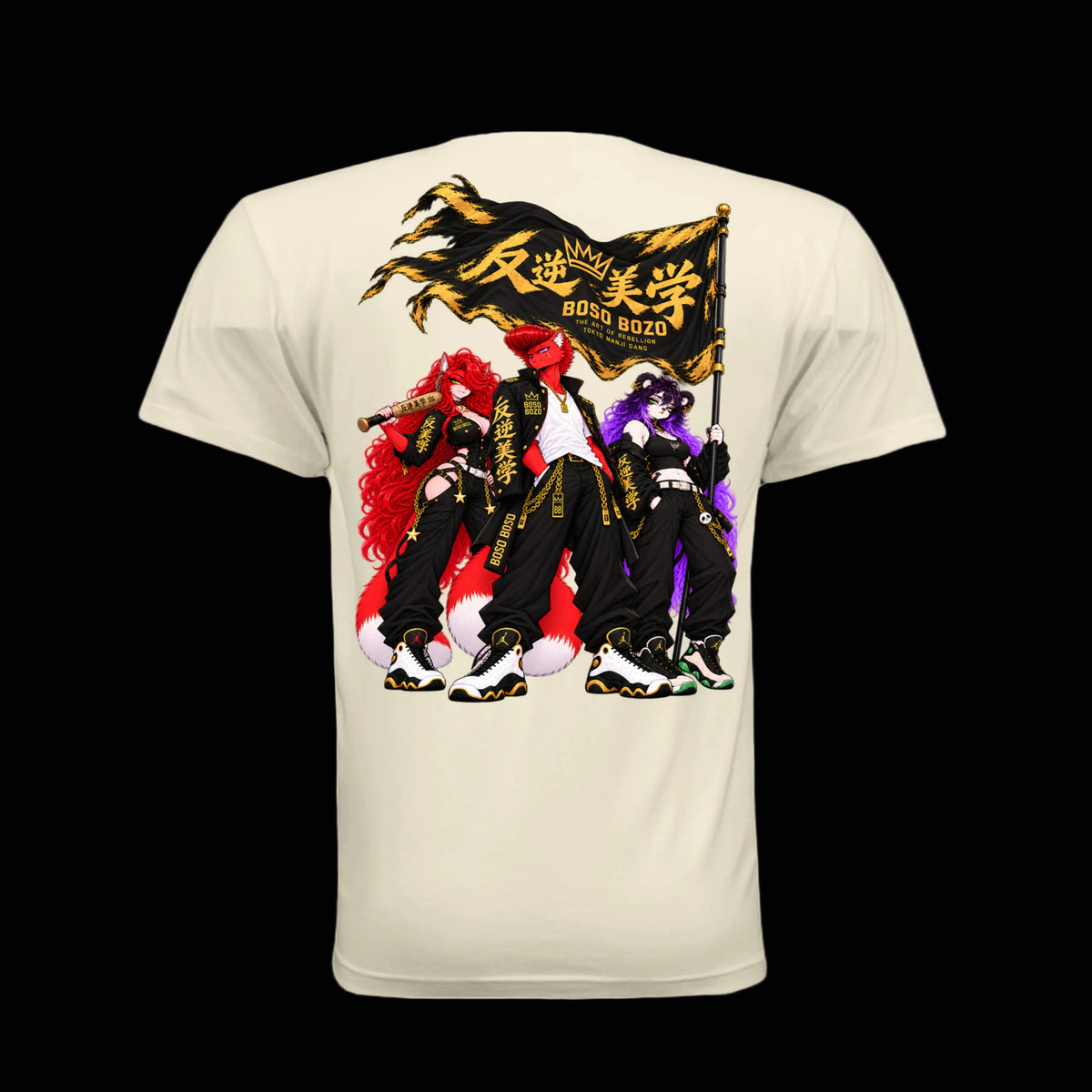 BOSO BOZO Boso Manji Gang tee featuring Giri, Rin and Mao standing beneath the Boso Manji Gang flag.