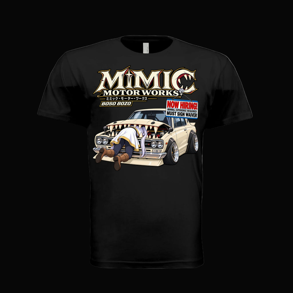 BOSO BOZO Mimic Motor Works tee featuring a slammed cream Hakosuka with a tooth-filled mimic hood and an anime mage trapped headfirst in the engine bay.