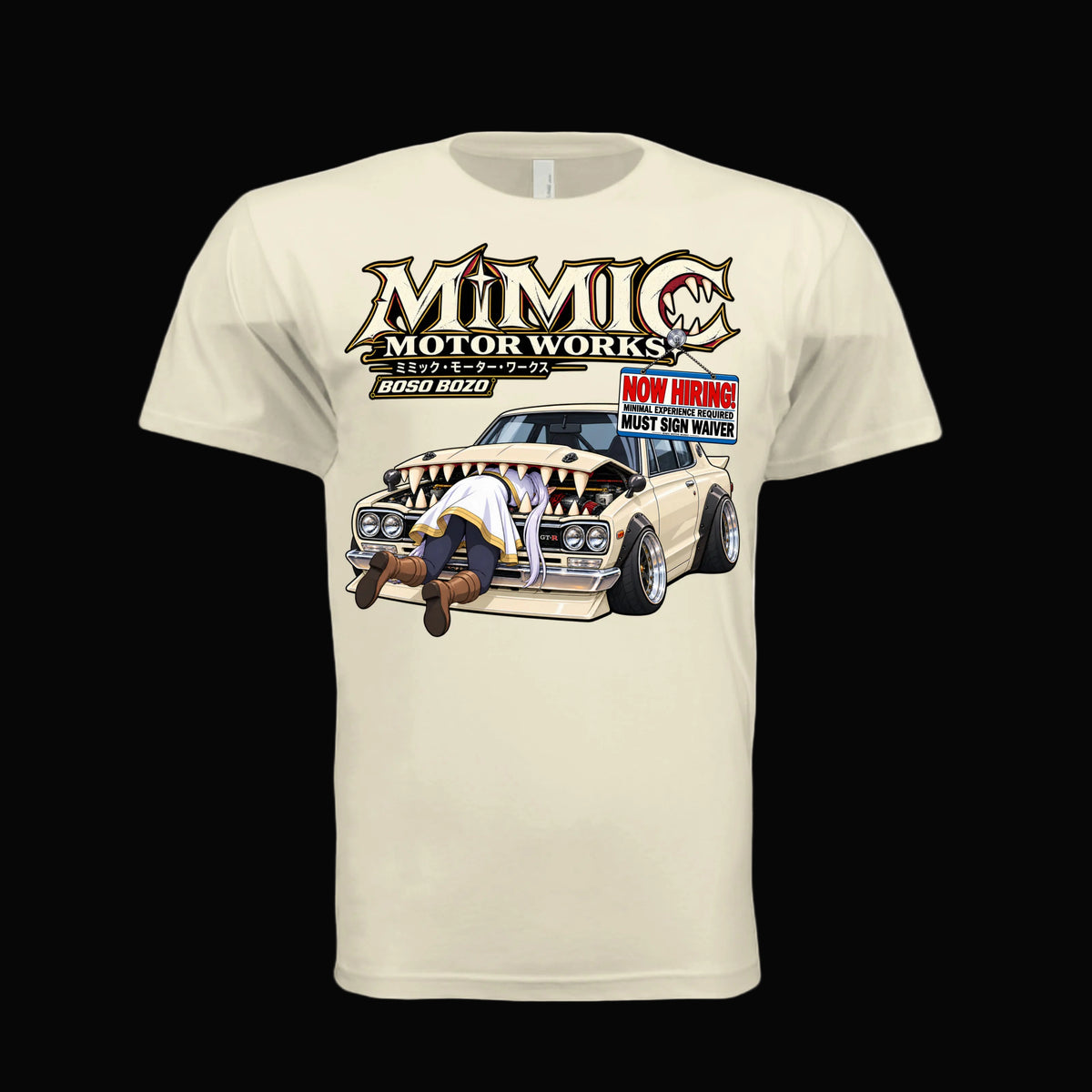 BOSO BOZO Mimic Motor Works tee featuring a slammed cream Hakosuka with a tooth-filled mimic hood and an anime mage trapped headfirst in the engine bay.