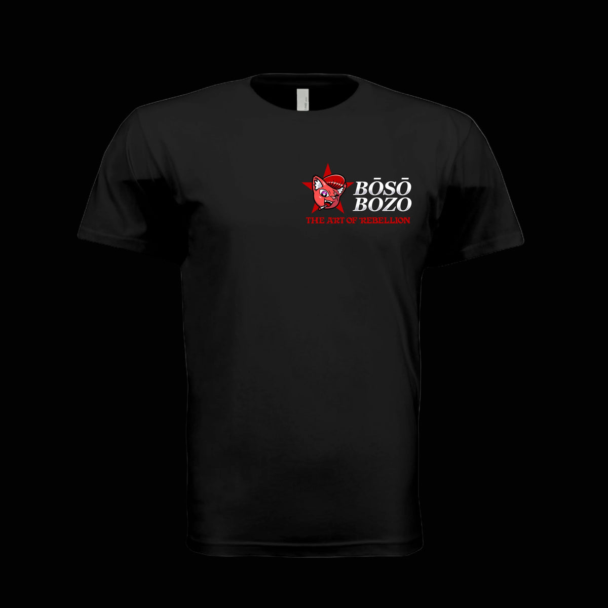 Black BOSO BOZO Midnight Run tee with Giri mascot and The Art of Rebellion chest graphic.